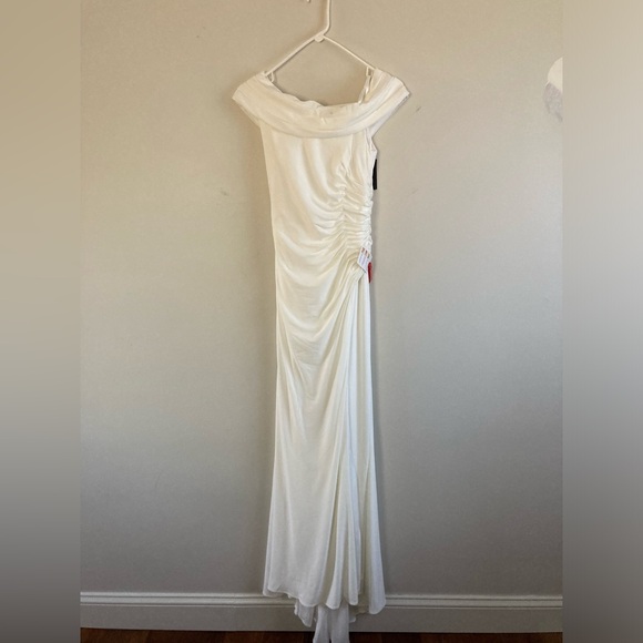 Ieena for Mac Duggal Foldover Off-the-Shoulder Slit Gown - Picture 3 of 10